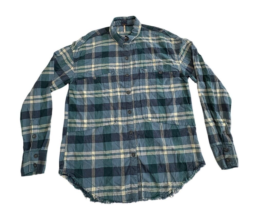 Free People Shirt Women’s Small Blue Plaid Loveland Frayed Hem Button Up Casual